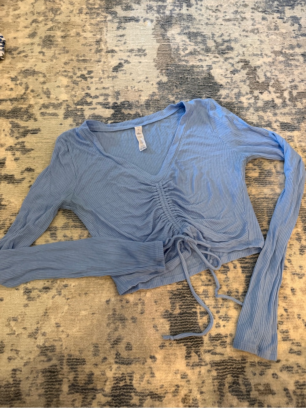 ALO Yoga Light Blue Ribbed V-Neck Drawstring Crop Top
